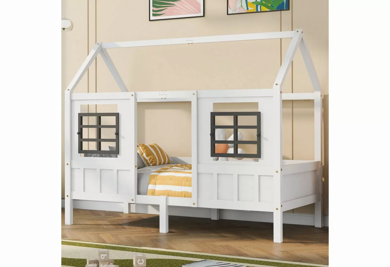 Merax Hausbett 90x200 cm mit Rausfallschutz und Fenstern, Kinderbett mit La günstig online kaufen