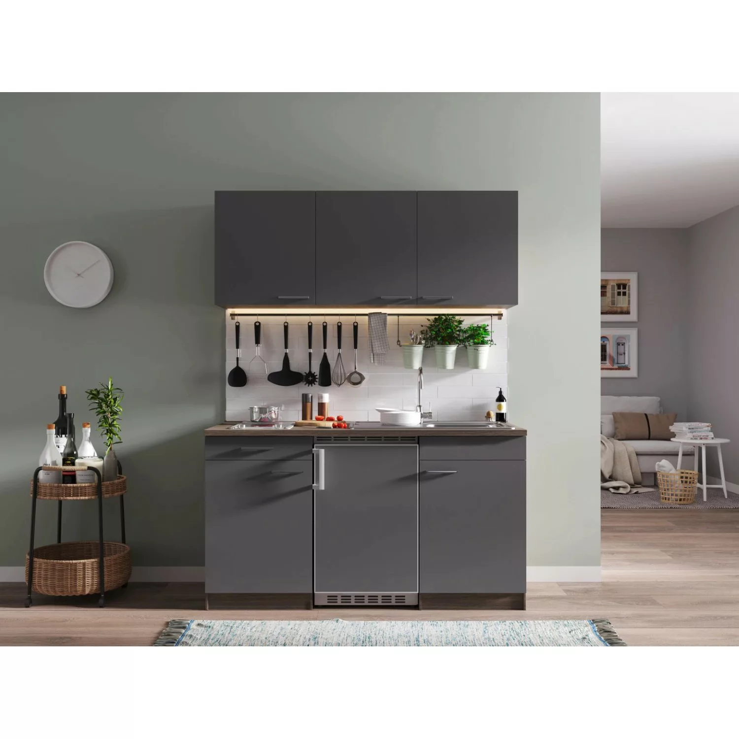 Respekta Küchenzeile KB150EYGC 150 cm Grau-Eiche York Nachbildung günstig online kaufen