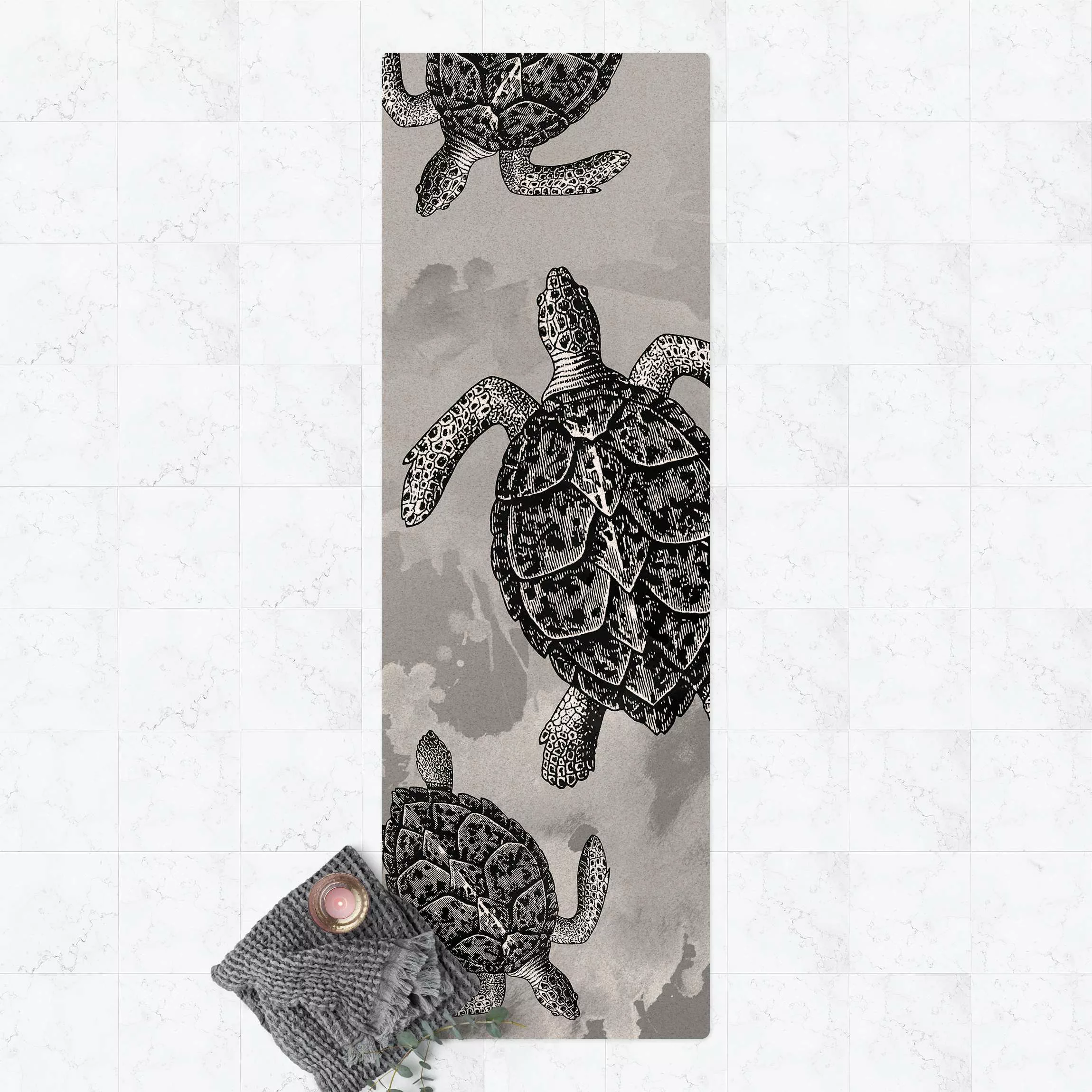 Kork-Teppich Nautik Drei Schildkröten Schwarz Weiß günstig online kaufen