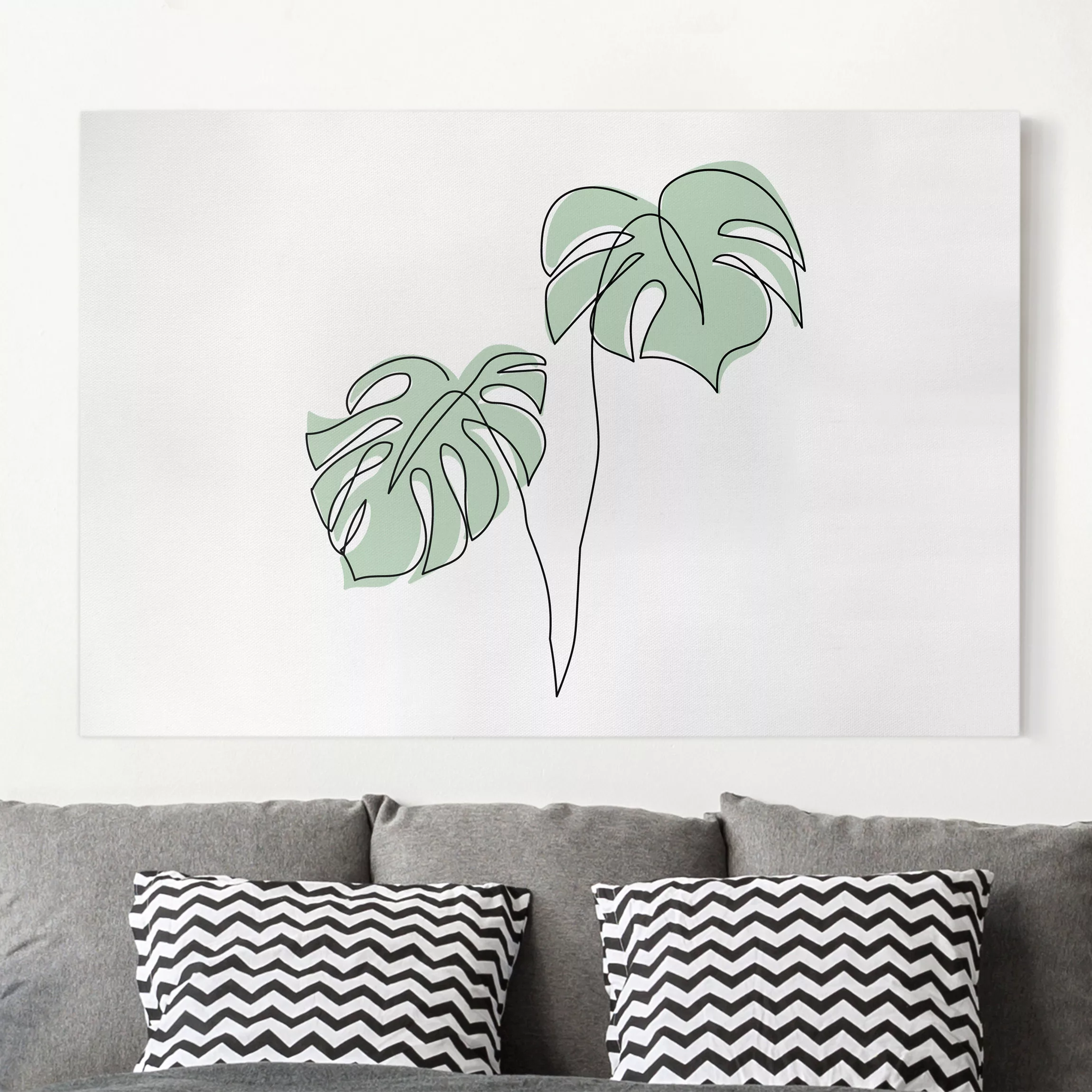 Leinwandbild Blumen - Querformat Blätter Monstera Line Art günstig online kaufen