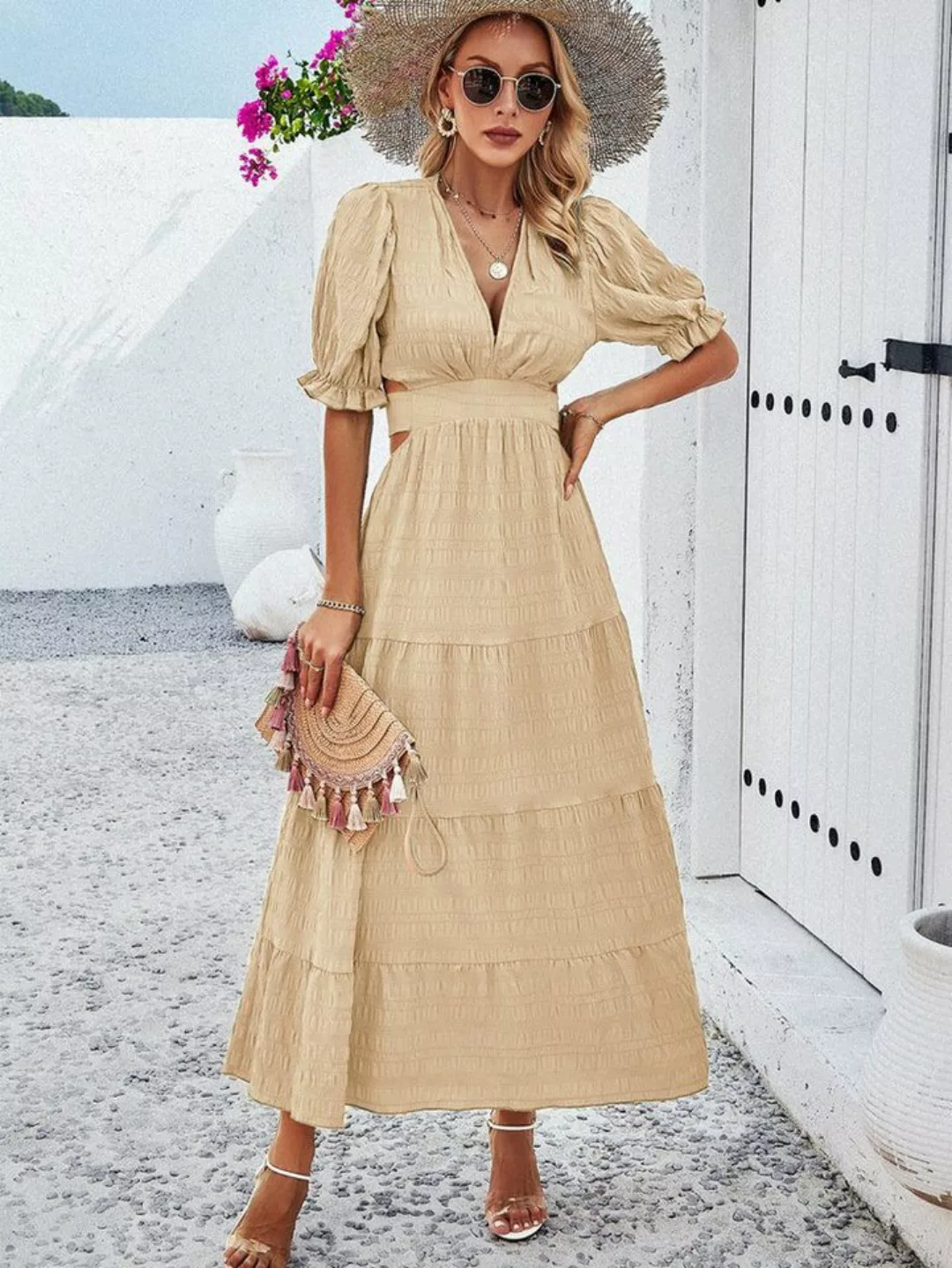 ZWY Dirndl Kleid, einfarbiges Frühlings- und Sommerkleid mit V-Ausschnitt ( günstig online kaufen