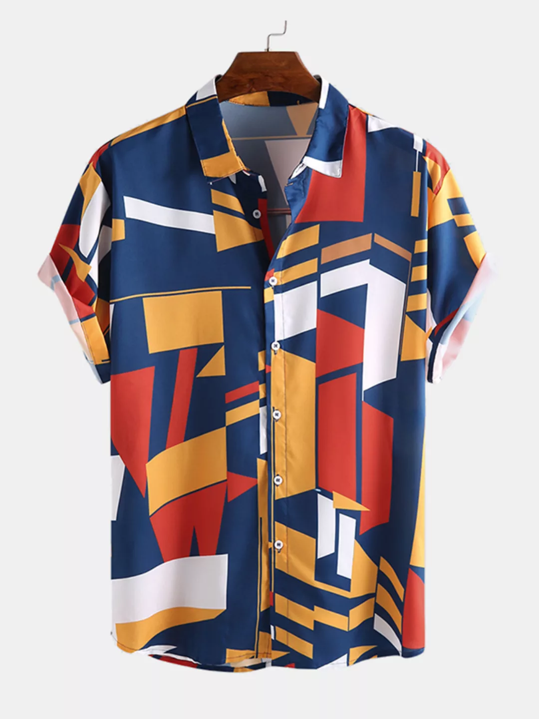 Herren Geometrisches Colorful Kurzarmhemd mit Blockdruck günstig online kaufen