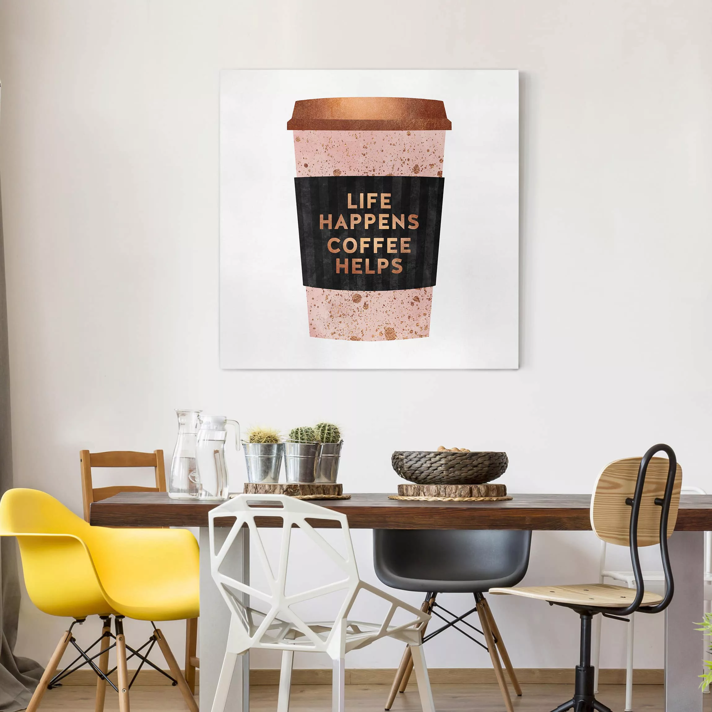 Leinwandbild Küche - Quadrat Life Happens Coffee Helps Gold günstig online kaufen