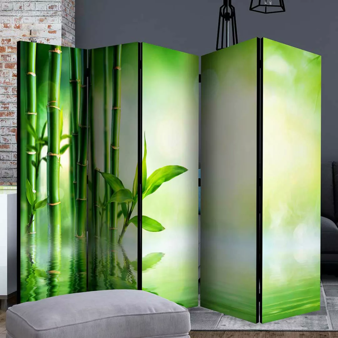 Paravent Raumteiler in Grün und Weiß Asien Zen Motiv Bambus günstig online kaufen