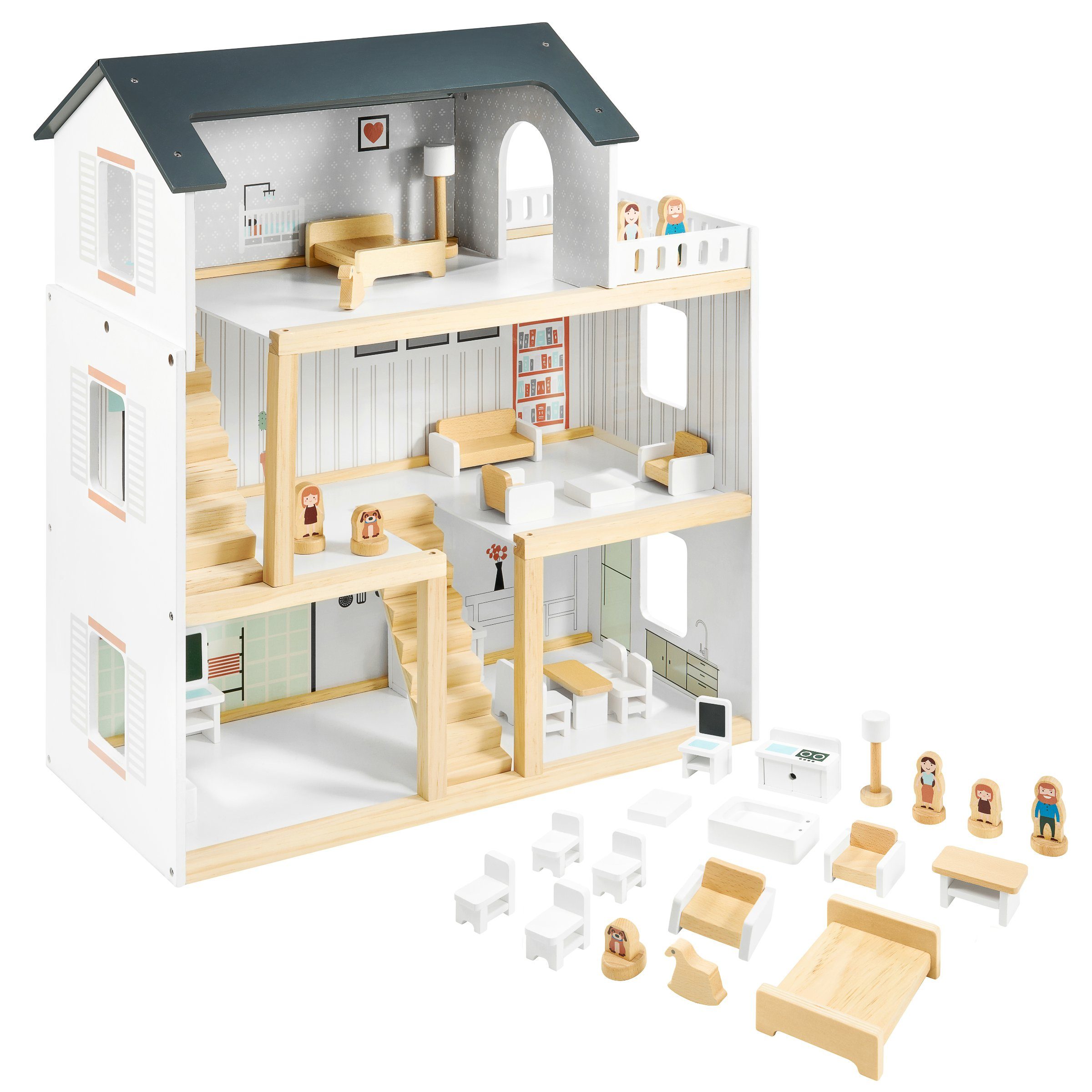Mamabrum Puppenhaus Weißes Holzpuppenhaus mit Zubehör günstig online kaufen