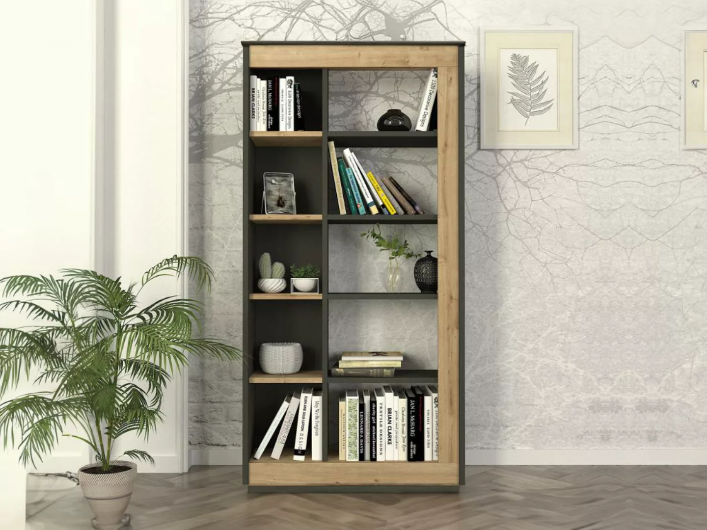 Bücherregal mit 10 Regalfächern - Holzfarben & Anthrazit - SILOMAI günstig online kaufen