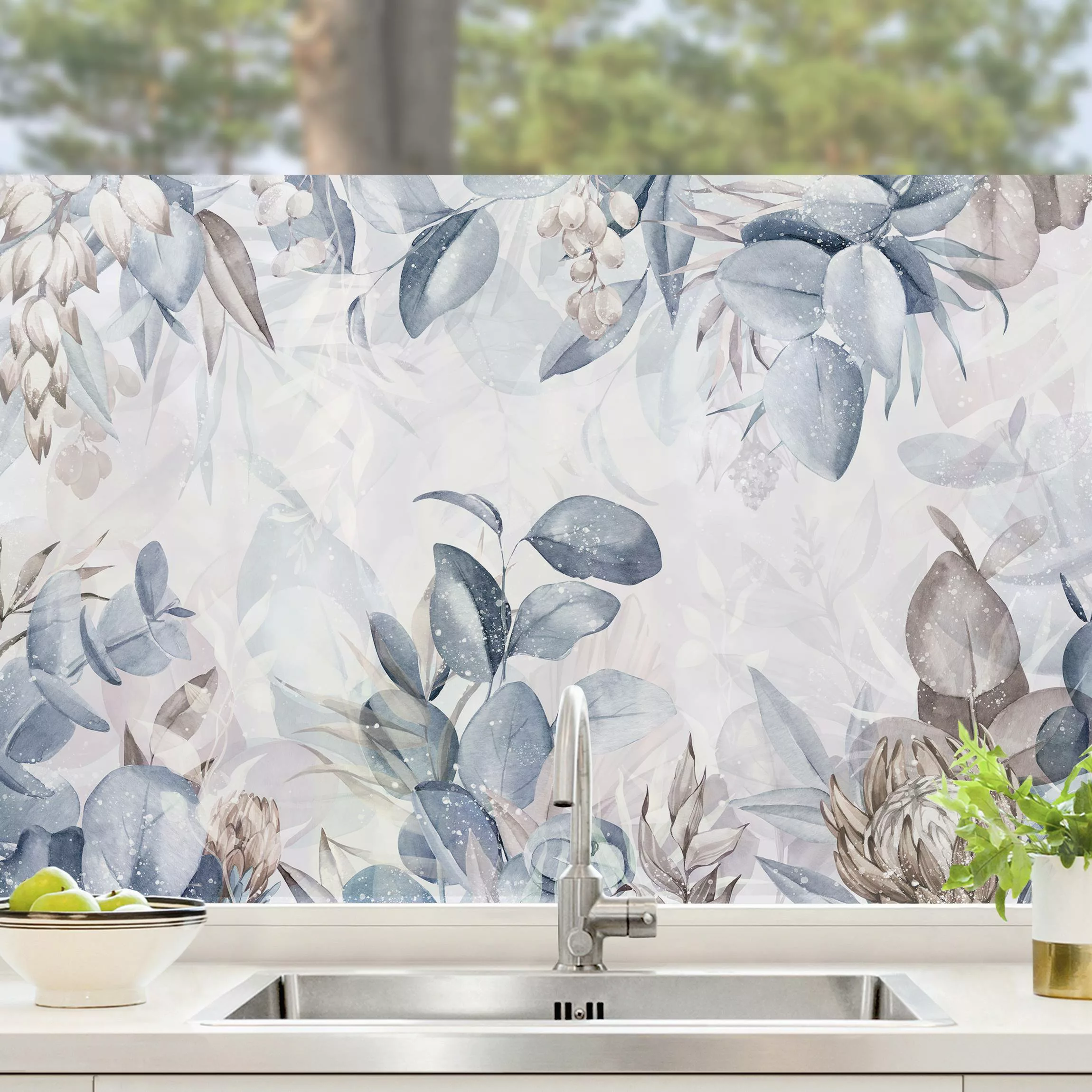 Fensterfolie Botanik in Pastell Blau & Beige günstig online kaufen