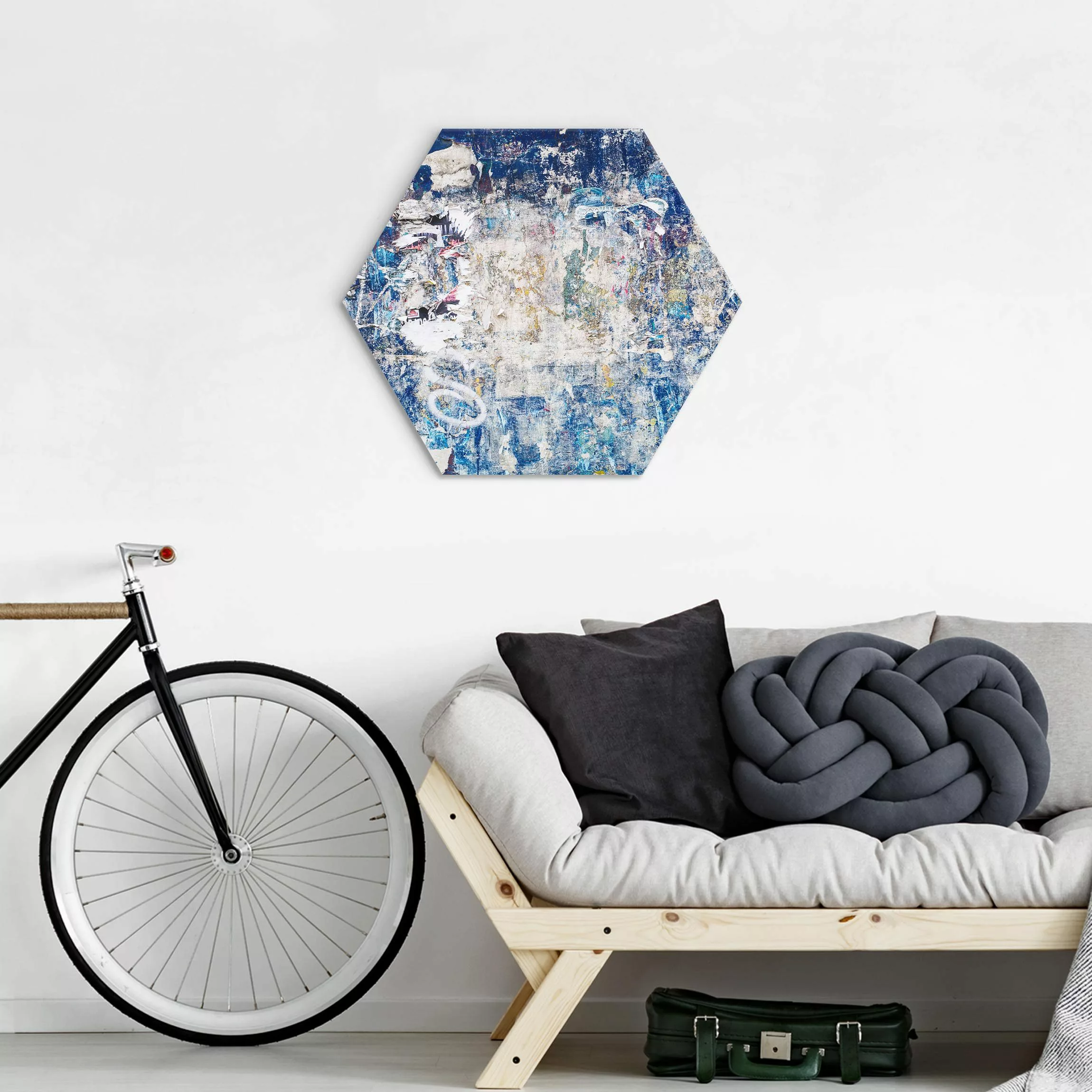 Hexagon-Alu-Dibond Bild Shabby Wand in Blau günstig online kaufen