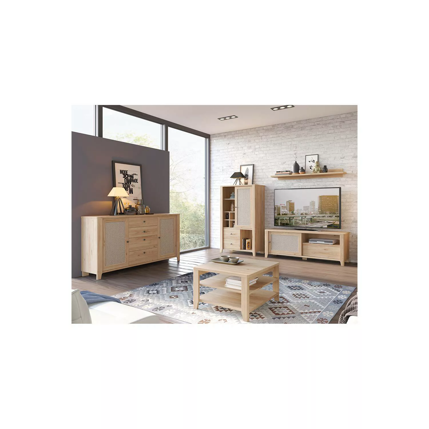 Wohnwand mit Sideboard und Couchtisch CREMONA-129 in Eiche Nb. mit Wiener G günstig online kaufen