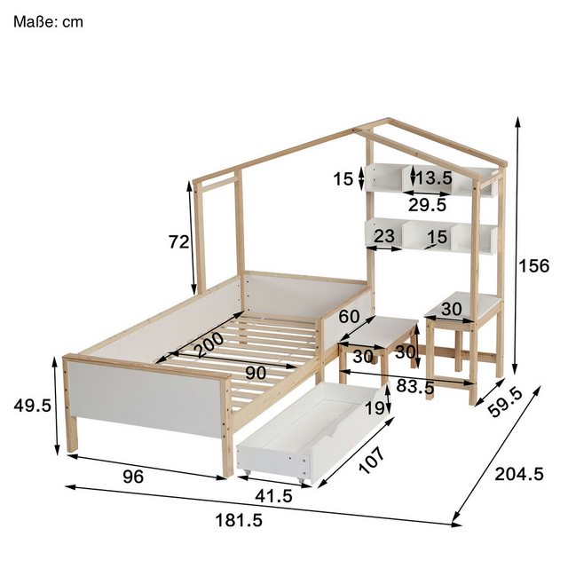 SOFTWEARY Hausbett mit Lattenrost und Schreibtisch (90x200 cm), Kinderbett, günstig online kaufen