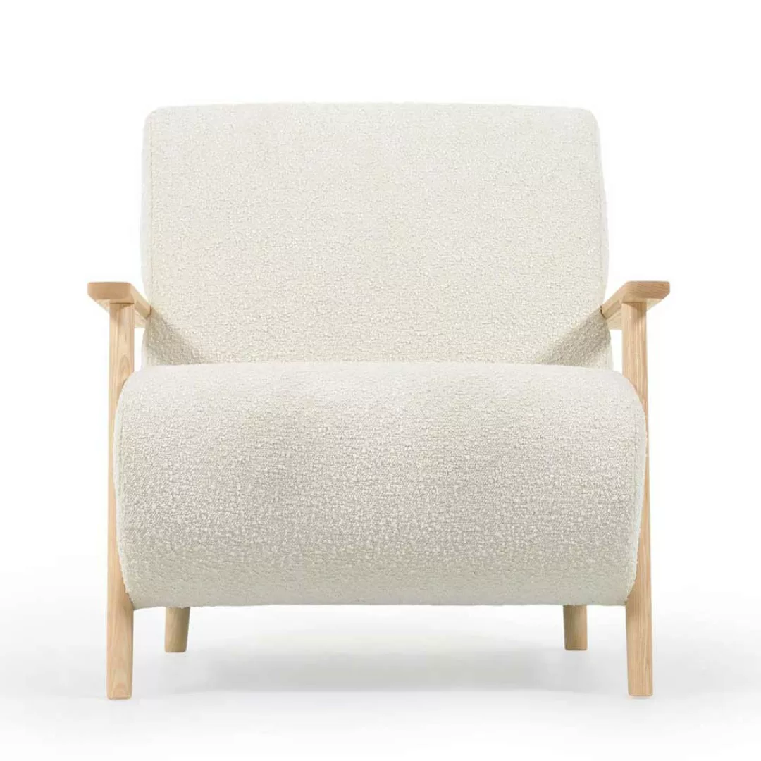 Retro Stil Sessel mit Holz Armlehnen Chenillegewebe Bezug günstig online kaufen