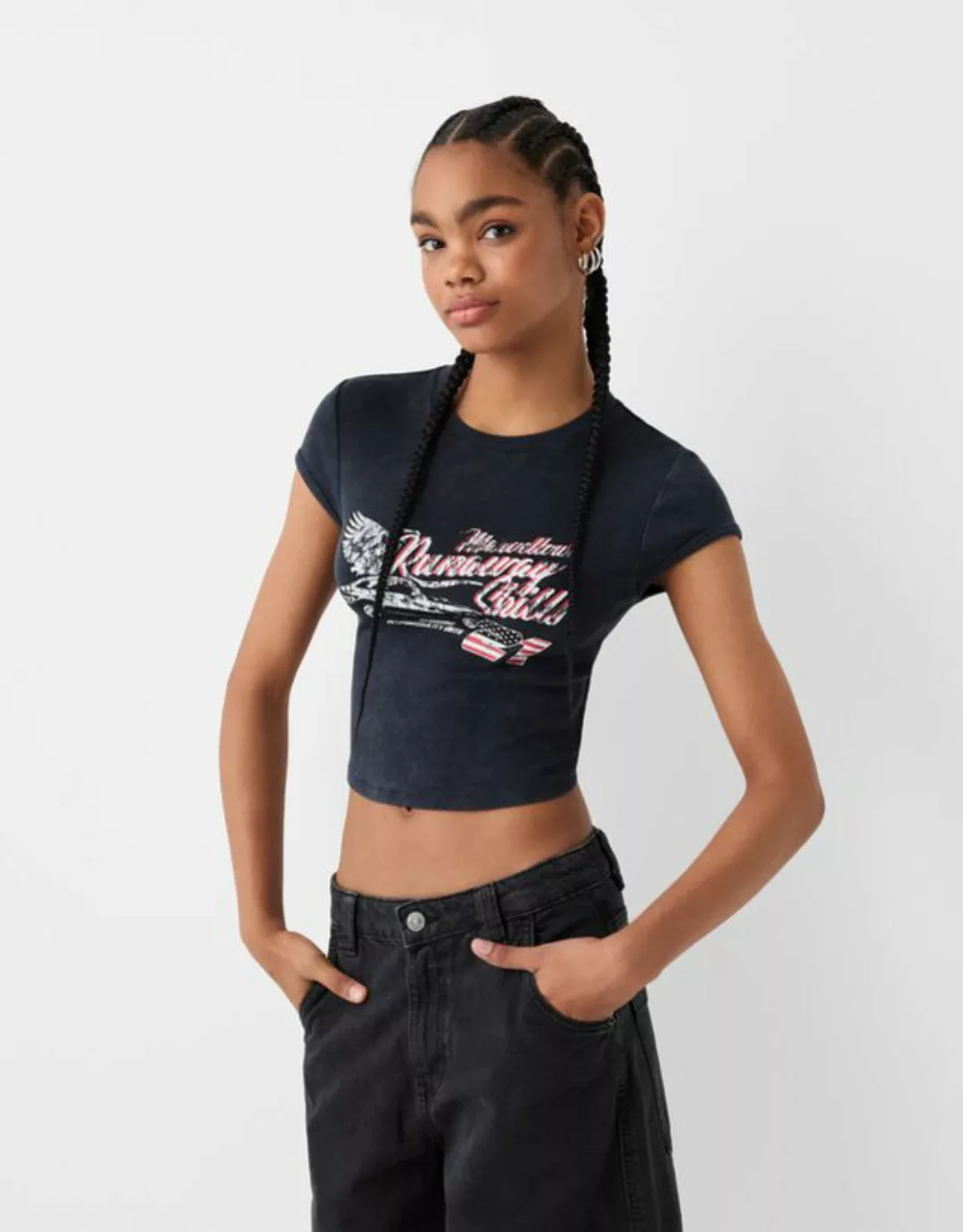 Bershka T-Shirt Print Bänder Rücken Damen S Schwarz günstig online kaufen