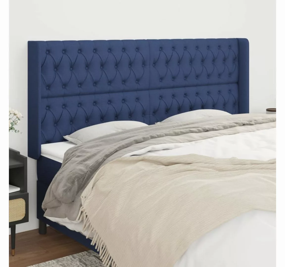 vidaXL Bett, Kopfteil mit Ohren Blau 203x16x118/128 cm Stoff günstig online kaufen