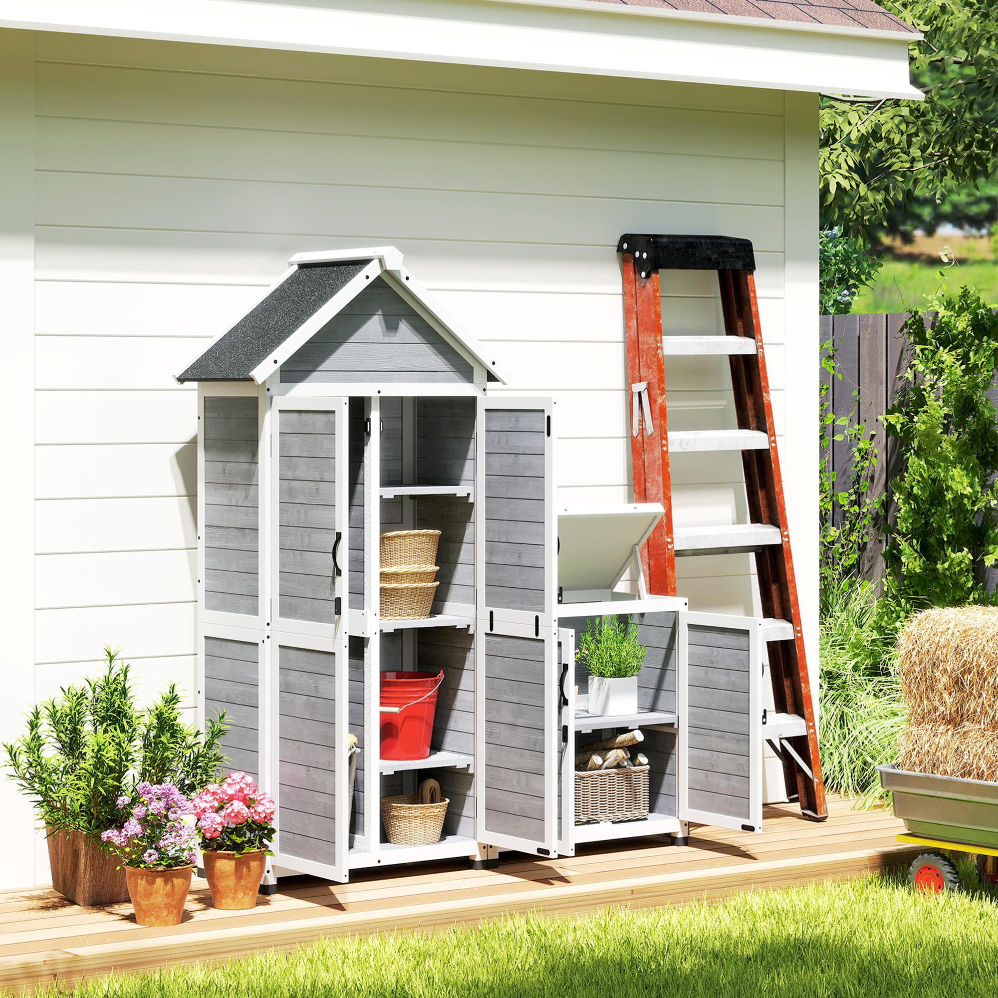 Outsunny 2 in 1 Gartenschrank Holz, Geräteschuppen mit Aufbewahrungsschrank günstig online kaufen