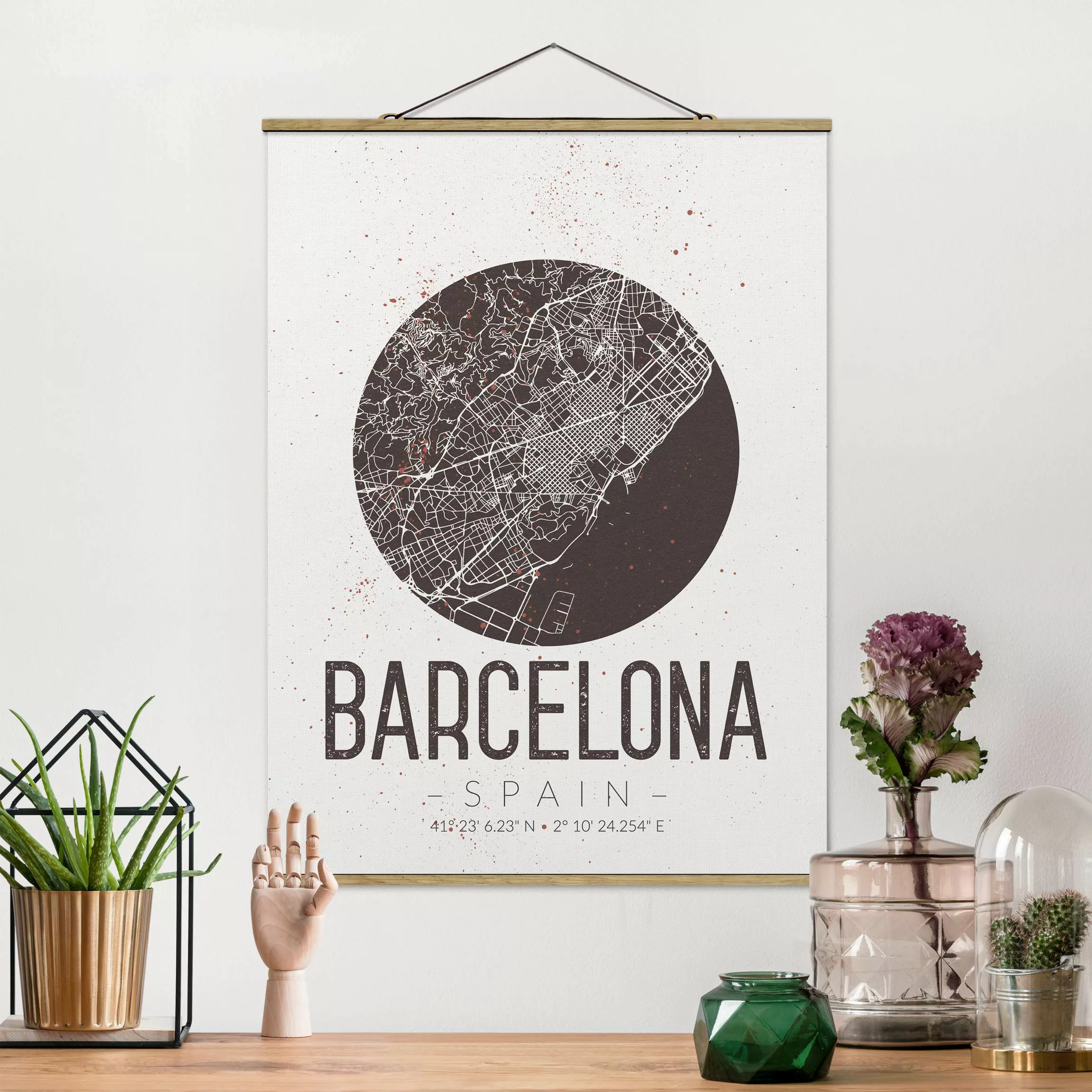 Stoffbild Karten mit Posterleisten - Hochformat Stadtplan Barcelona - Retro günstig online kaufen