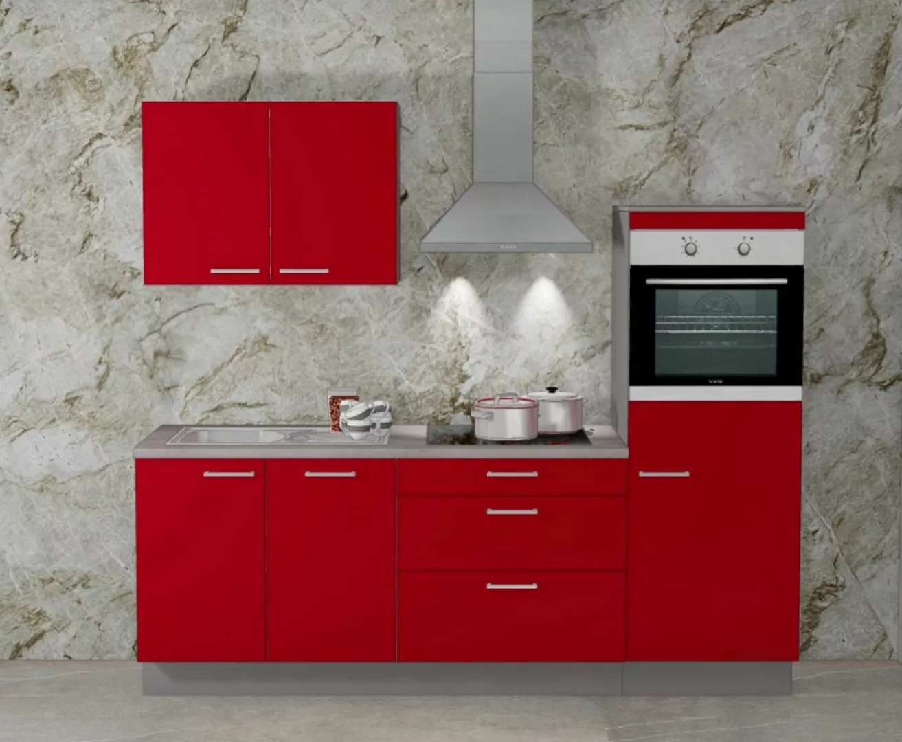 Einbauküche MANKAFOX 14 Rot/Arktisgrau - Schränke montiert/ Küchenzeile 250 günstig online kaufen