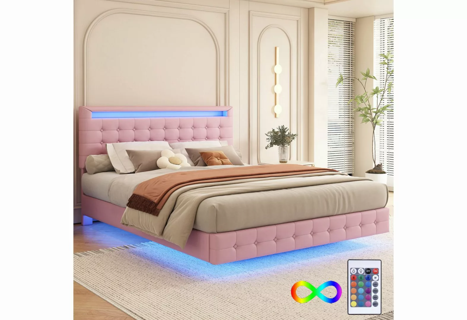 FUROKOY Polsterbett Flachbett Schwebebett 140x200cm,Erwachsenenbett mit LED günstig online kaufen