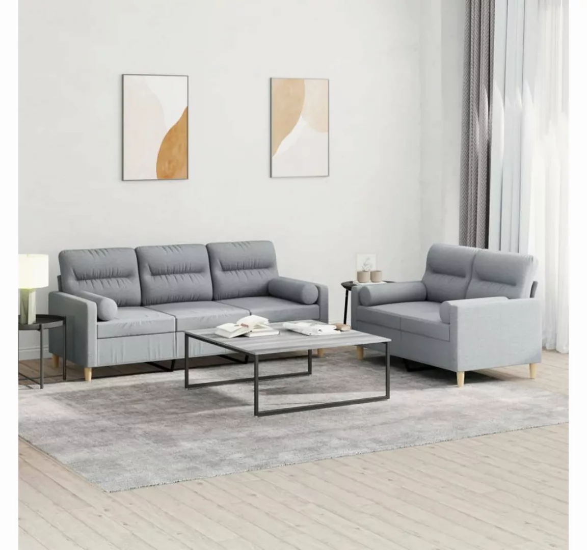 vidaXL Sofa Sofagarnitur Set mit Kissen Stoff, 2-tlg., Hellgrau günstig online kaufen