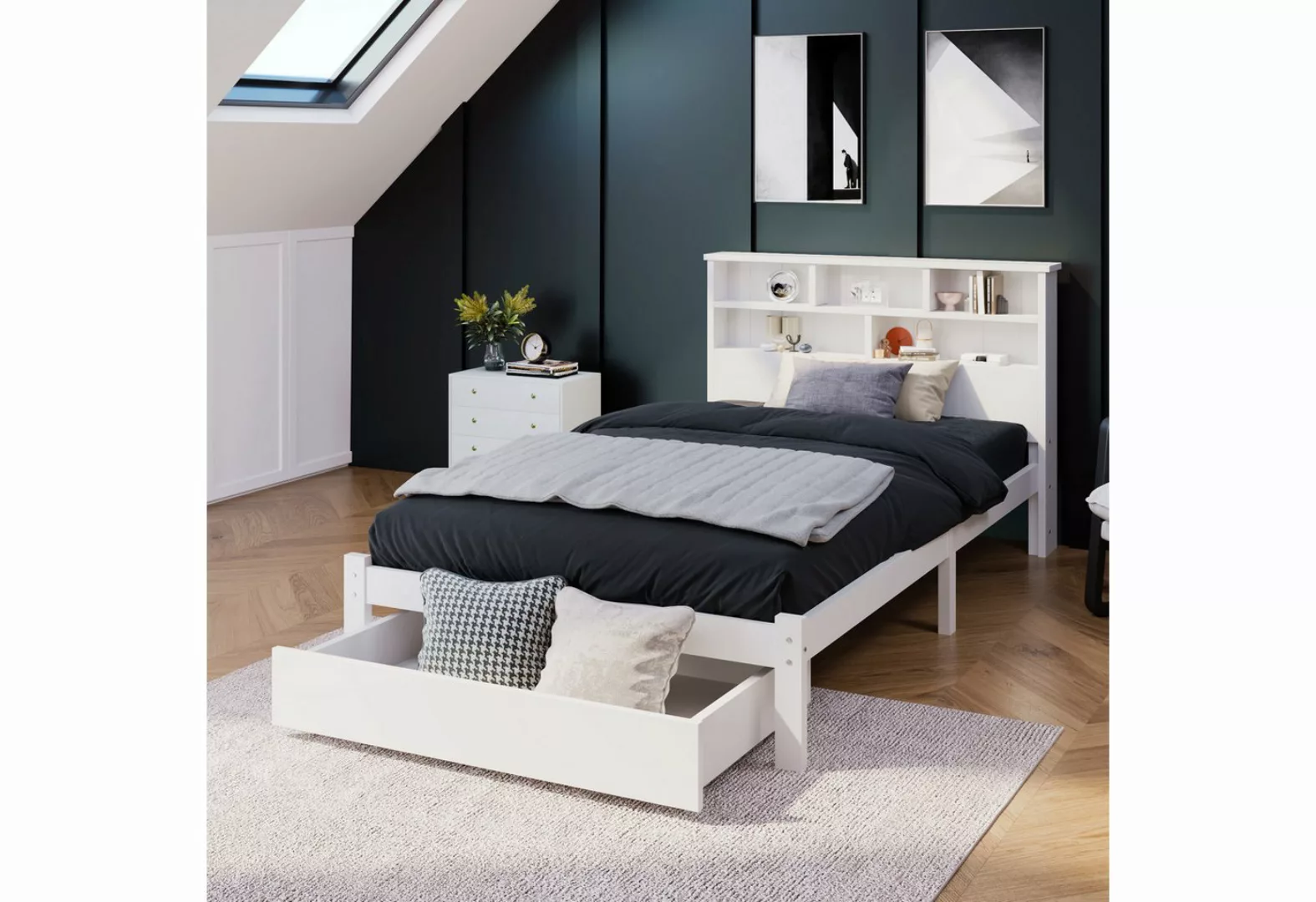 GLIESE Einzelbett Massivholz Einzelbett mit Schubladen, 90x200cm Weiß günstig online kaufen