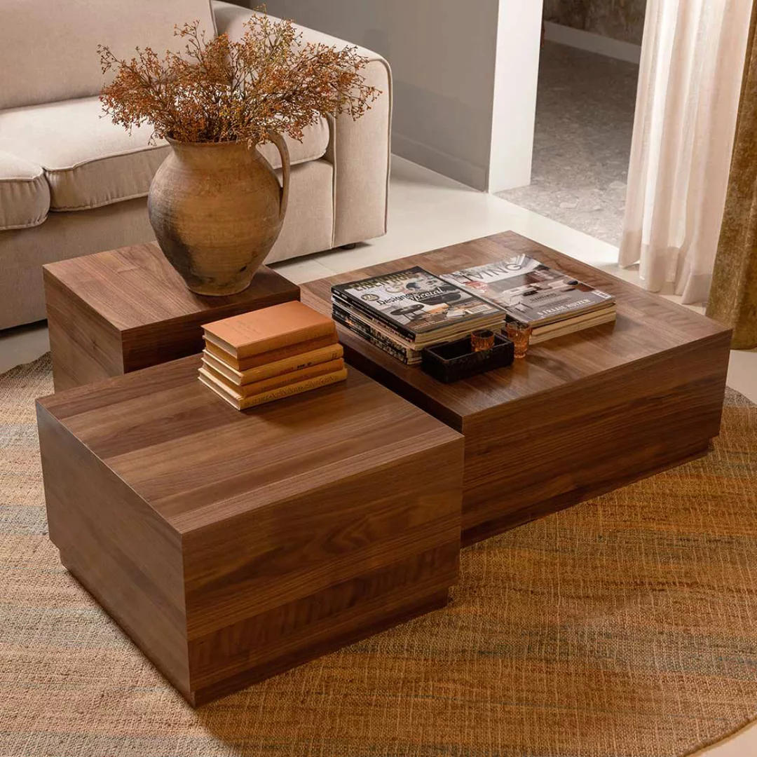 Sofa Tisch Set in Walnussfarben quadratischen Tischplatten (dreiteilig) günstig online kaufen
