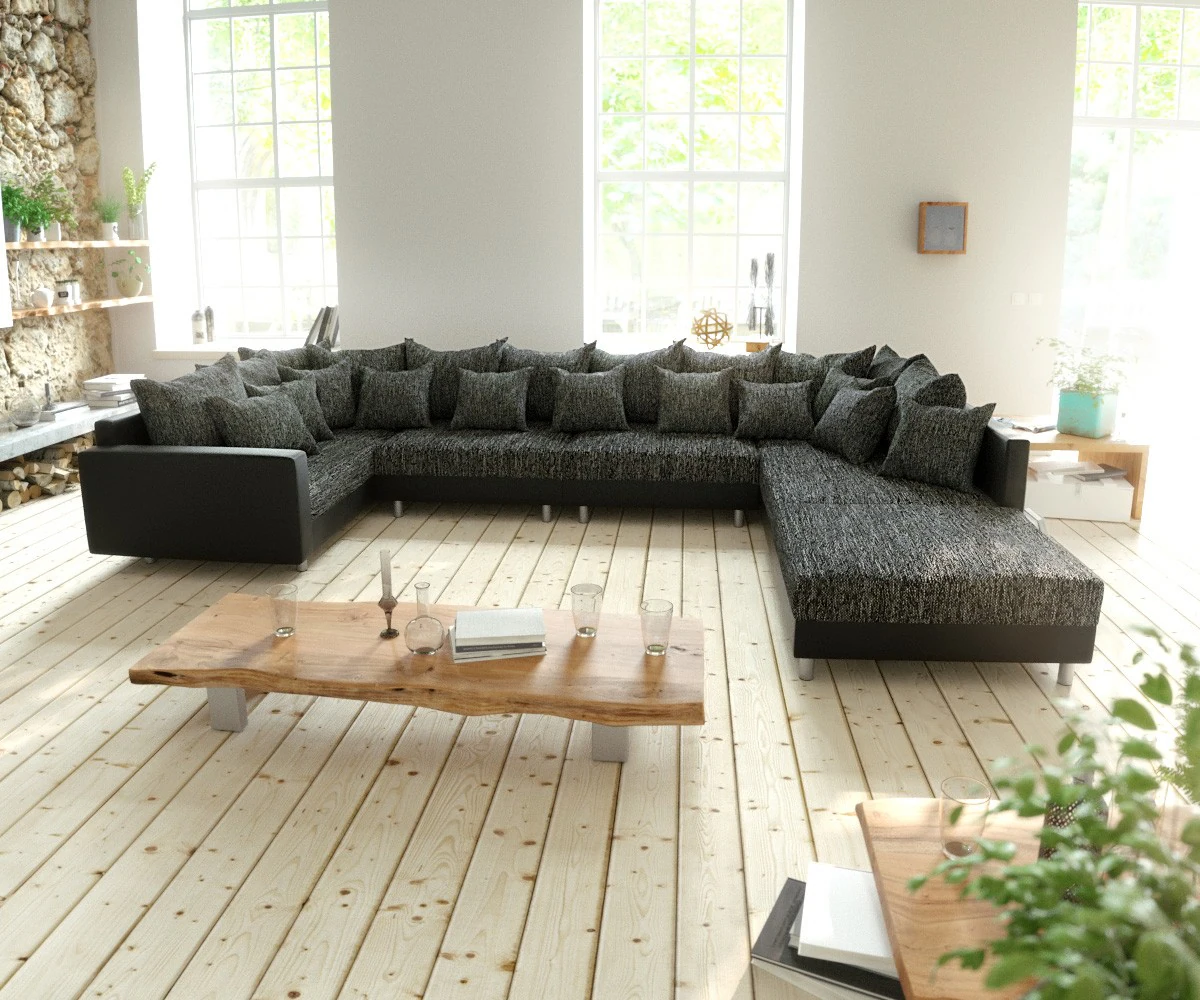 Wohnlandschaft Clovis XL Schwarz Hocker Armlehne Modulsofa günstig online kaufen