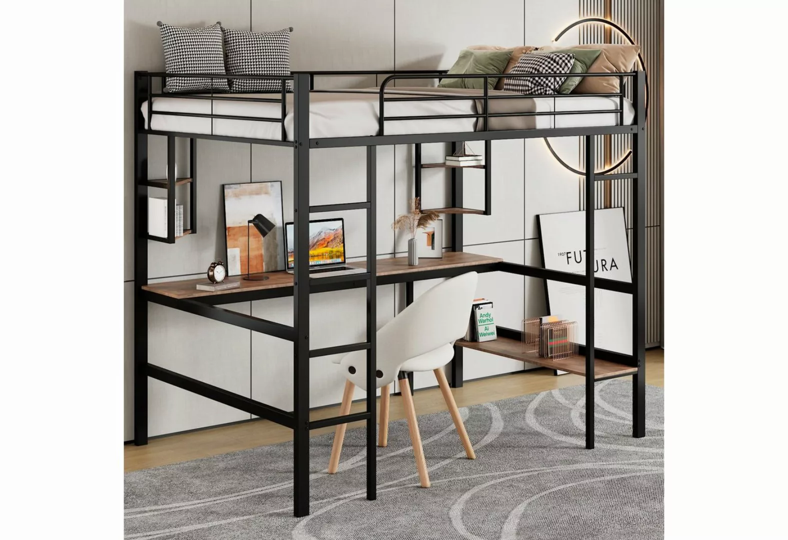 Flieks Hochbett Kinderbett Metallbett Etagenbett mit Schreibtisch und Regal günstig online kaufen