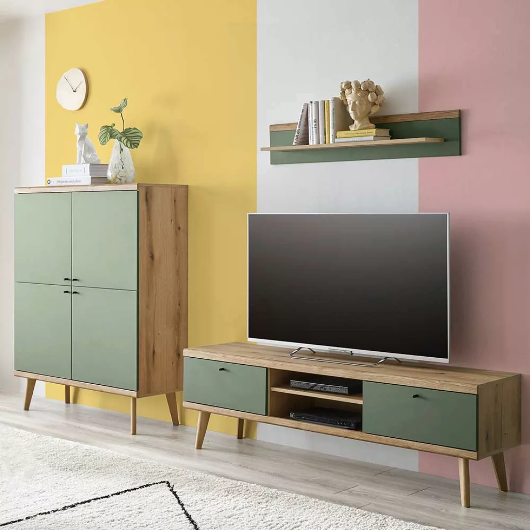 Wohnwand mit Regal im Skandi Design Graugrün (dreiteilig) günstig online kaufen