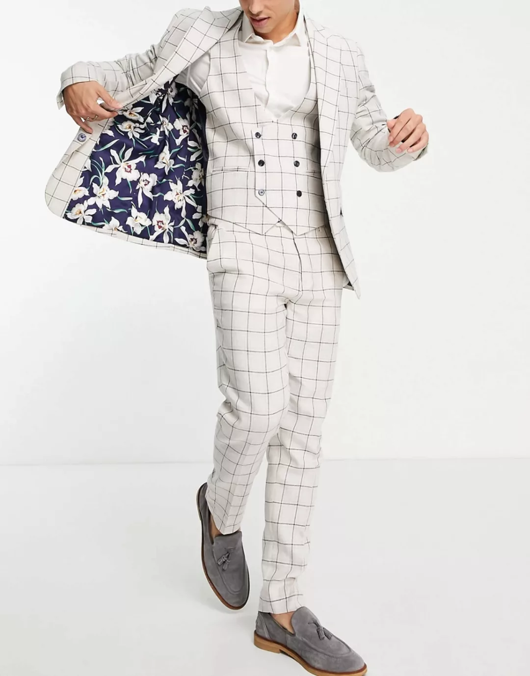 Gianni Feraud – Enge Anzughose mit Gitterkaros in Creme-Weiß günstig online kaufen