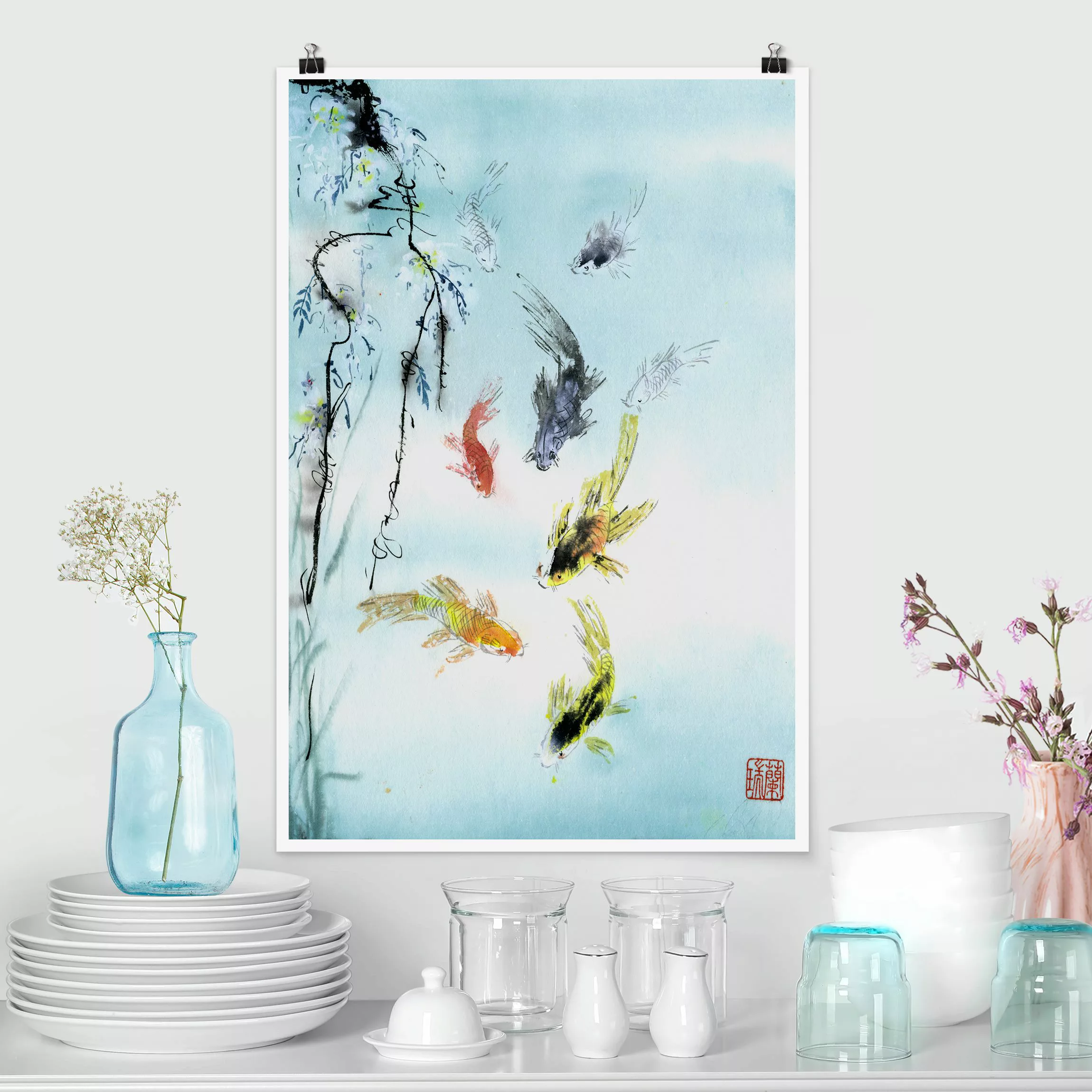 Poster Japanische Aquarell Zeichnung Goldfische I günstig online kaufen