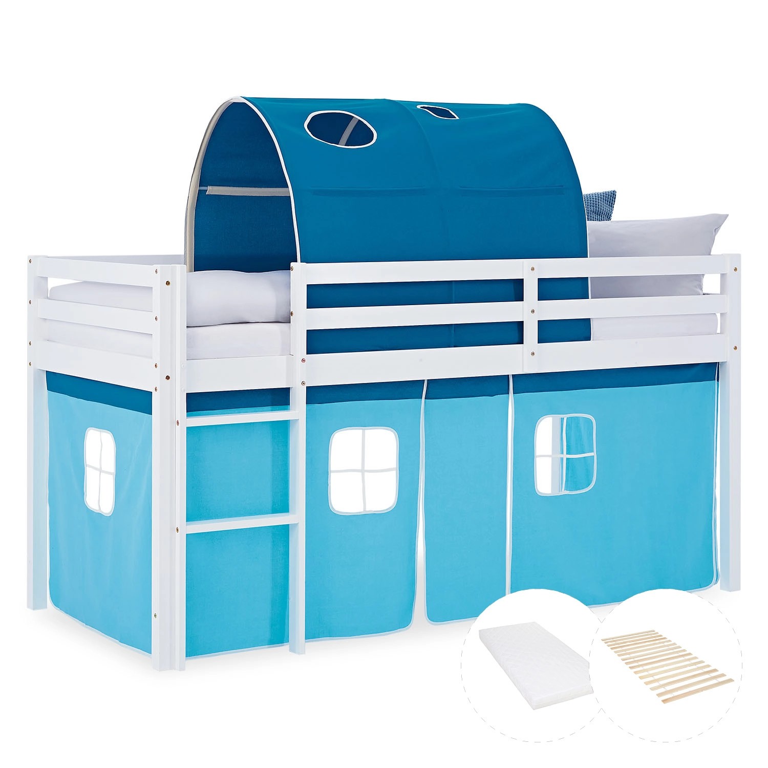 Homestyle4u Kinder Hochbett 90x200 mit Matratze Tunnel Vorhang Blau Kinderb günstig online kaufen