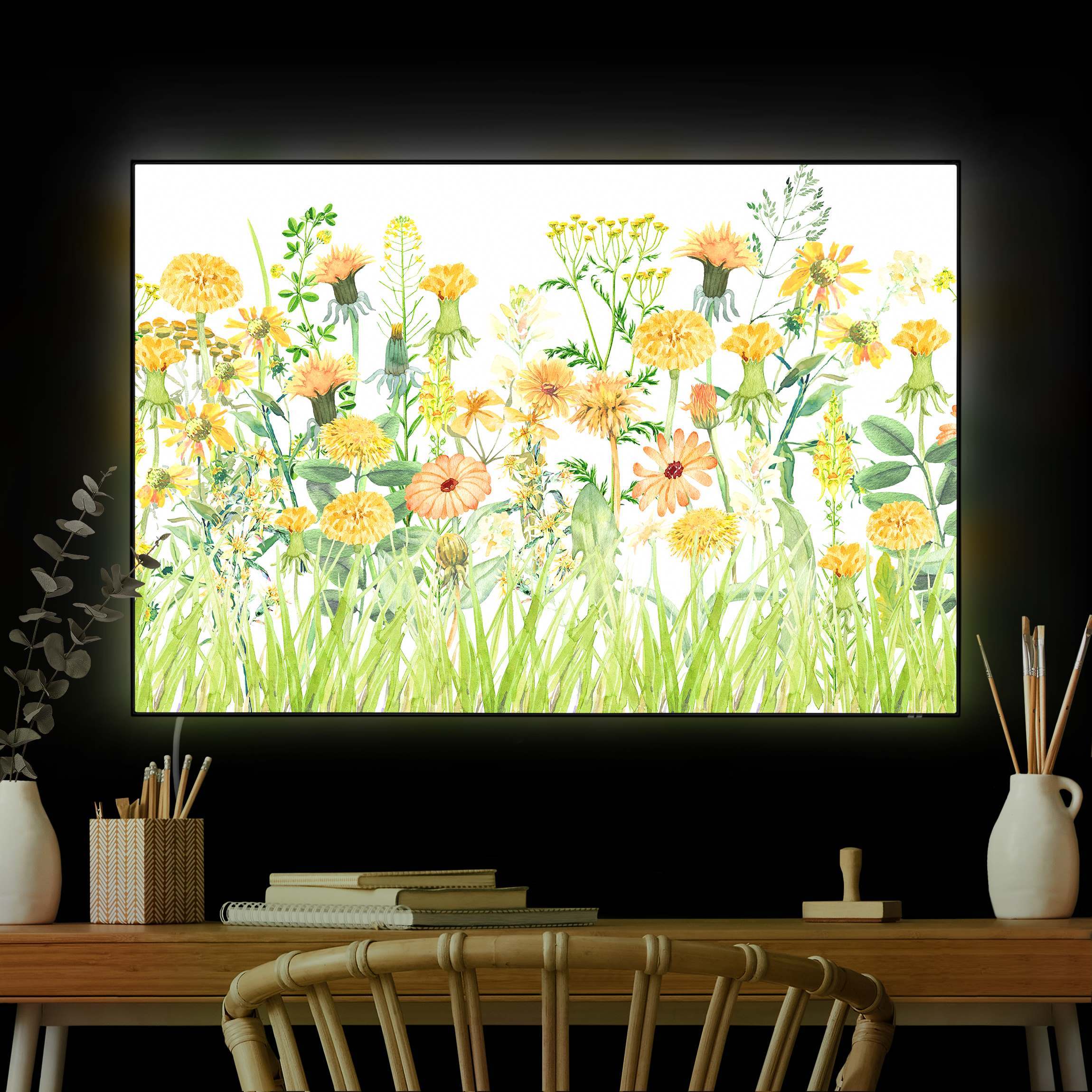 LED-Wechselbild Aquarellierte Blumenwiese in Gelb günstig online kaufen