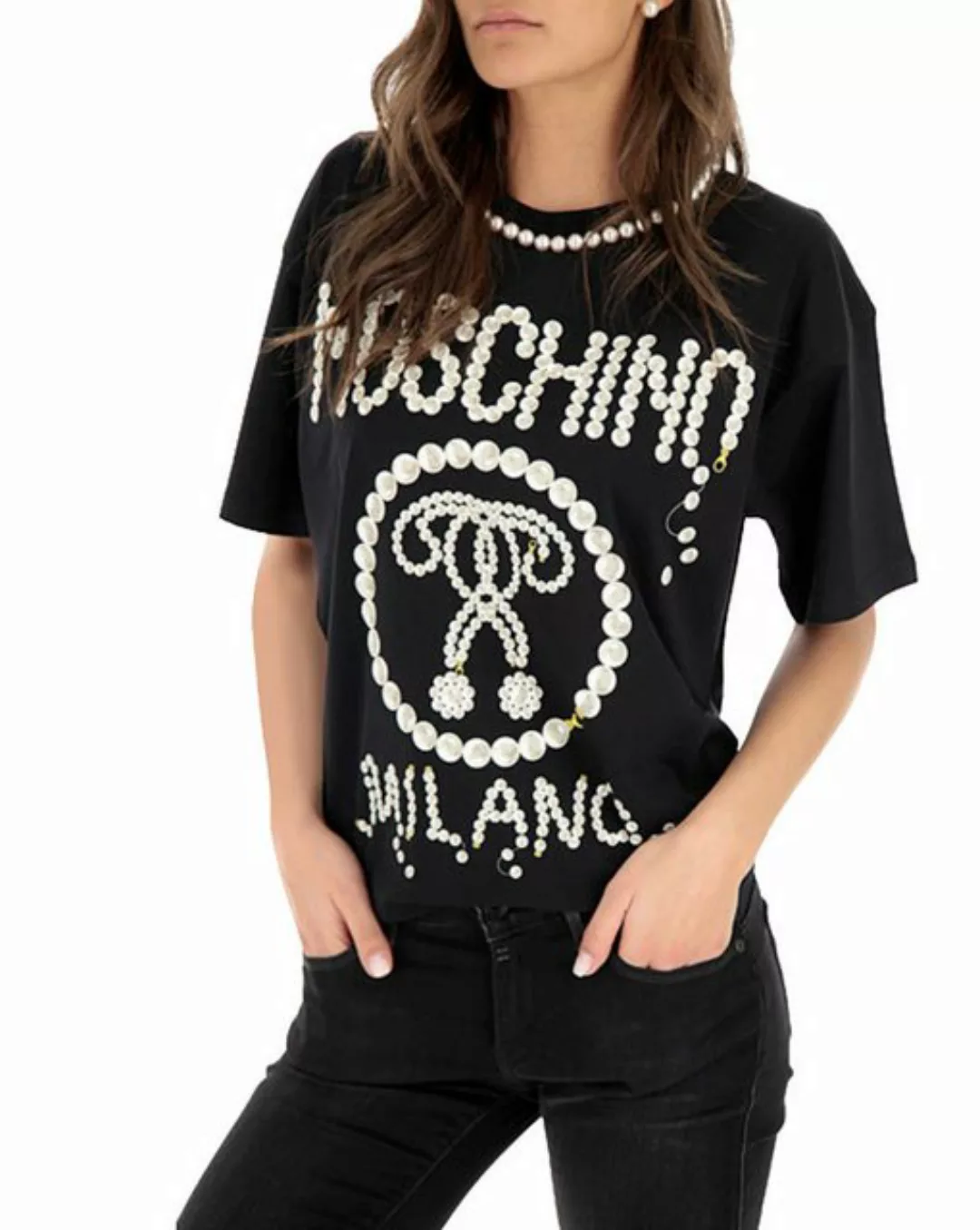 Moschino T-Shirt COUTURE T-shirt Perlen Top Faux Pearls Shirt Double Questi günstig online kaufen