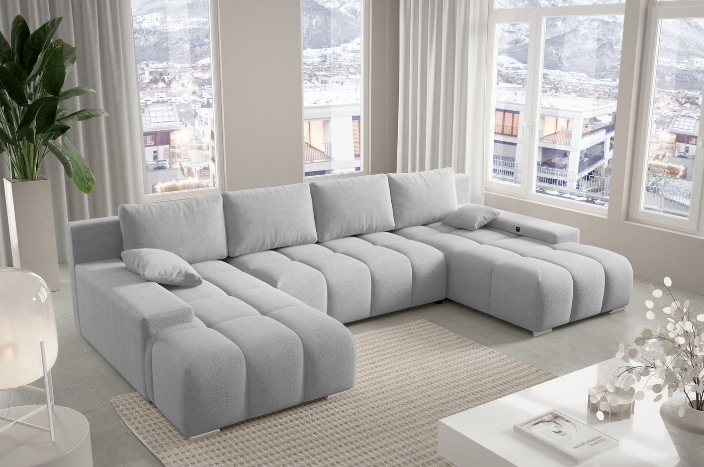 PROMETO Möbel Ecksofa Ecksofa Couch U-Form, Teddy-Bouclé Stoff Schlaffunkti günstig online kaufen