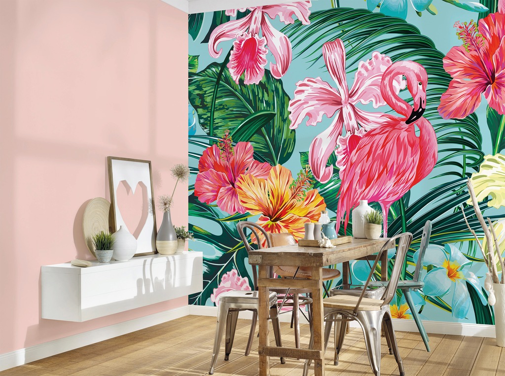 Fototapete Flamingo Blätter Blumen Türkis Rosa 3,50 m x 2,55 m FSC® günstig online kaufen