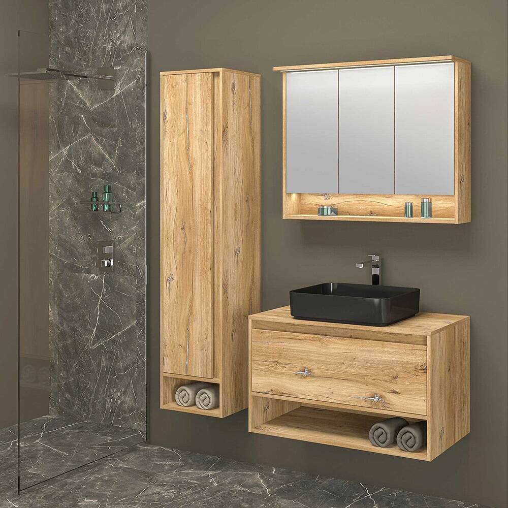 Badezimmer Set 3-teilig Spiegelschrank mit Beleuchtung Eiche MILAZZO-147 günstig online kaufen
