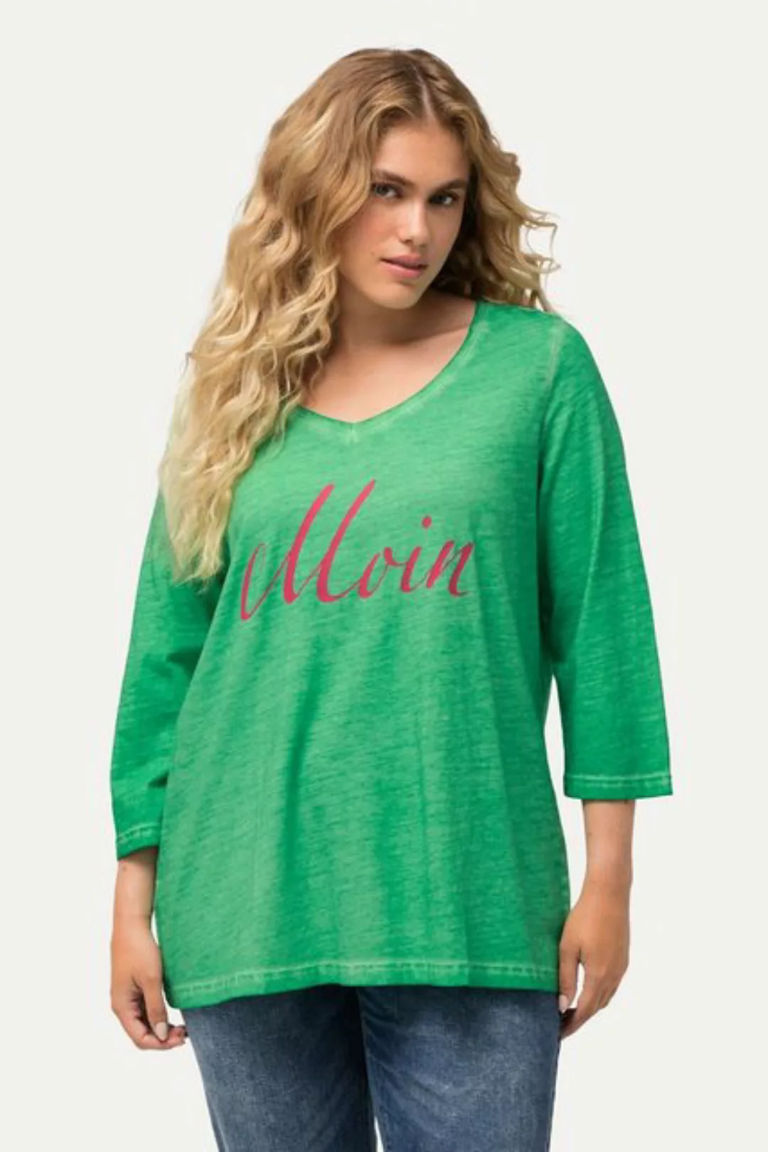 Ulla Popken Rundhalsshirt Shirt Moin Cold Dyed V-Ausschnitt 3/4-Arm günstig online kaufen