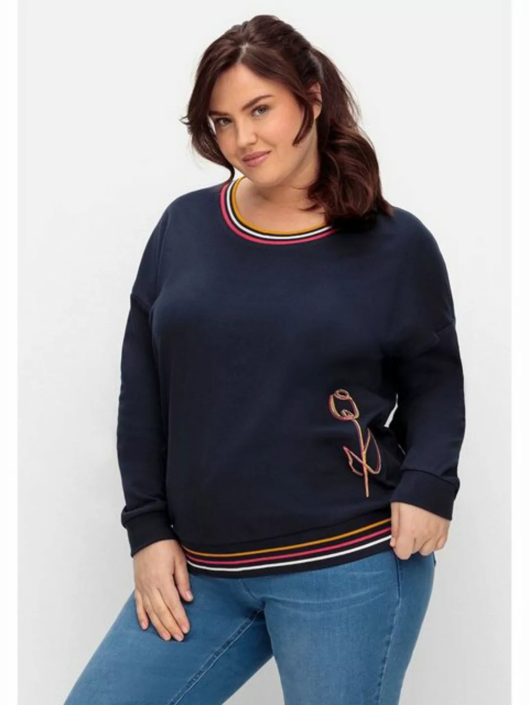 Sheego Sweatshirt Große Größen mit Stickerei und Ringelbündchen günstig online kaufen