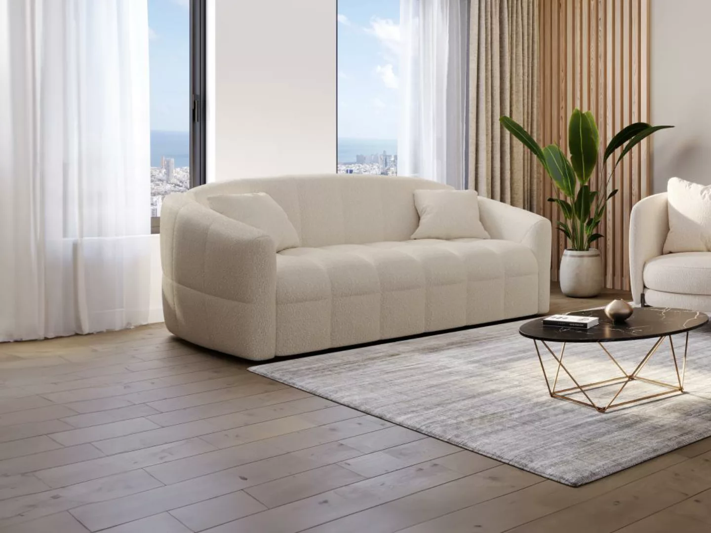 Sofa 3-Sitzer mit Schlaffunktion - Bouclé-Stoff - Cremefarben - Matratze 14 günstig online kaufen
