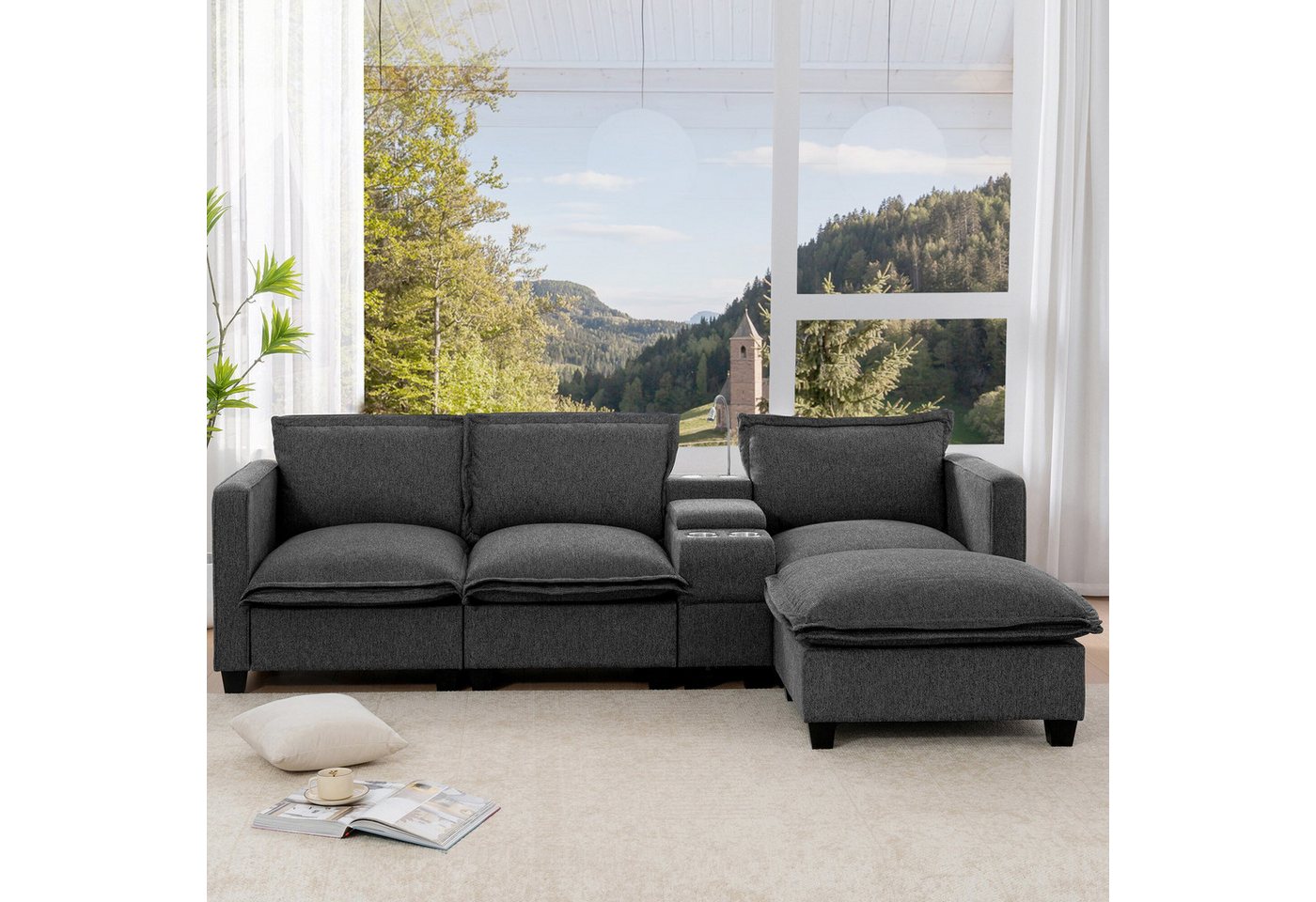 Merax Sofa L-förmiges Ecksofa aus Chenille-Stoff, 3-Sitzer-Sofa mit Leselam günstig online kaufen