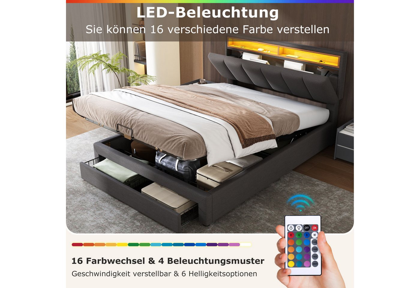 Rustrky Polsterbett Stilvolles Polsterbett mit LED Beleuchtung (mit LED-Bel günstig online kaufen