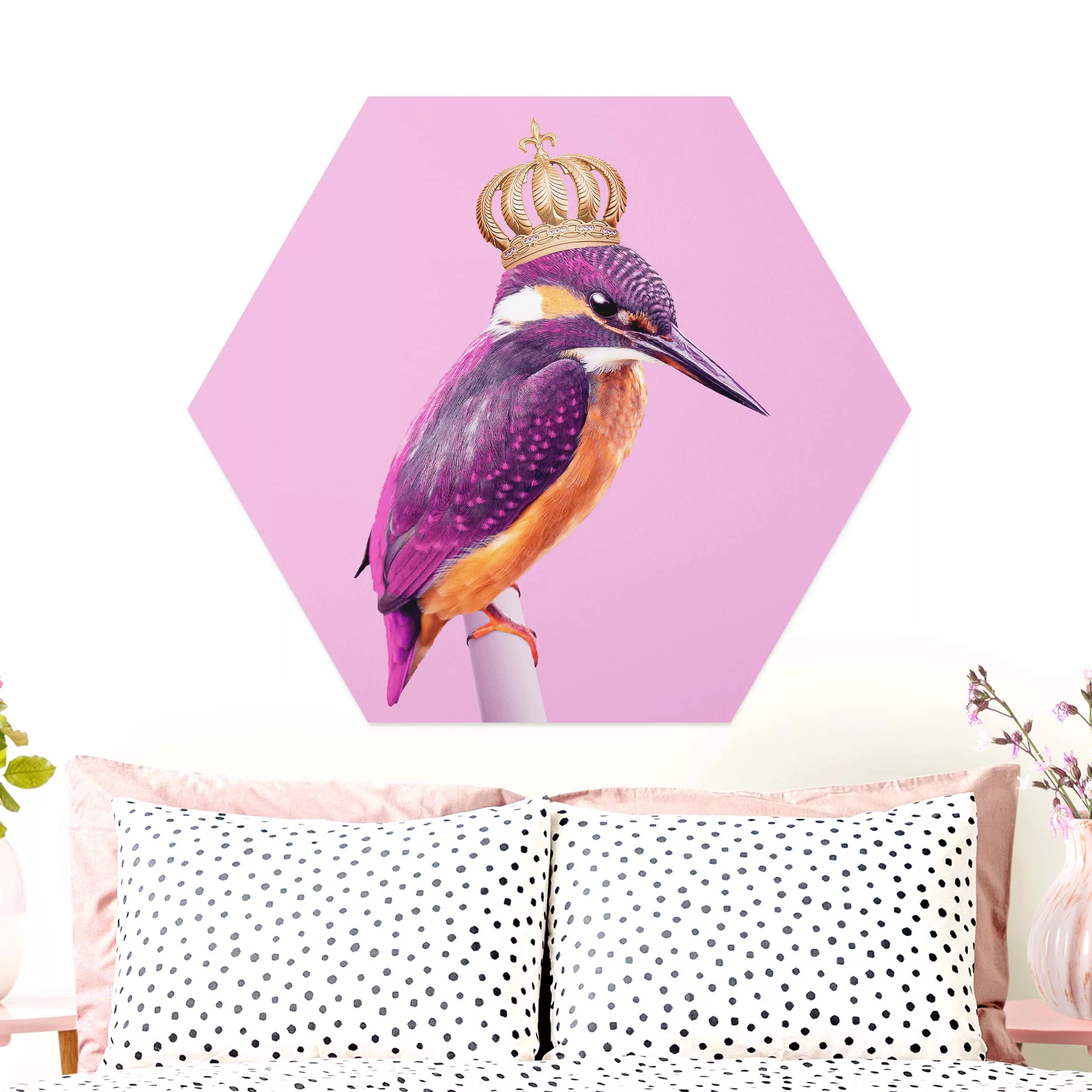 Hexagon-Alu-Dibond Bild Tiere Rosa Eisvogel mit Krone günstig online kaufen