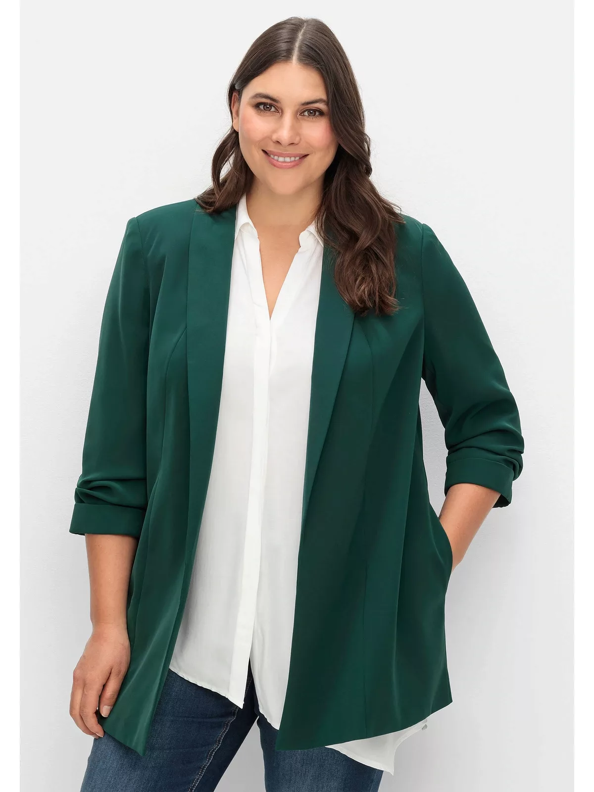 Sheego Longblazer "Große Größen", mit Schalkragen und gerafftem 3/4-Arm günstig online kaufen