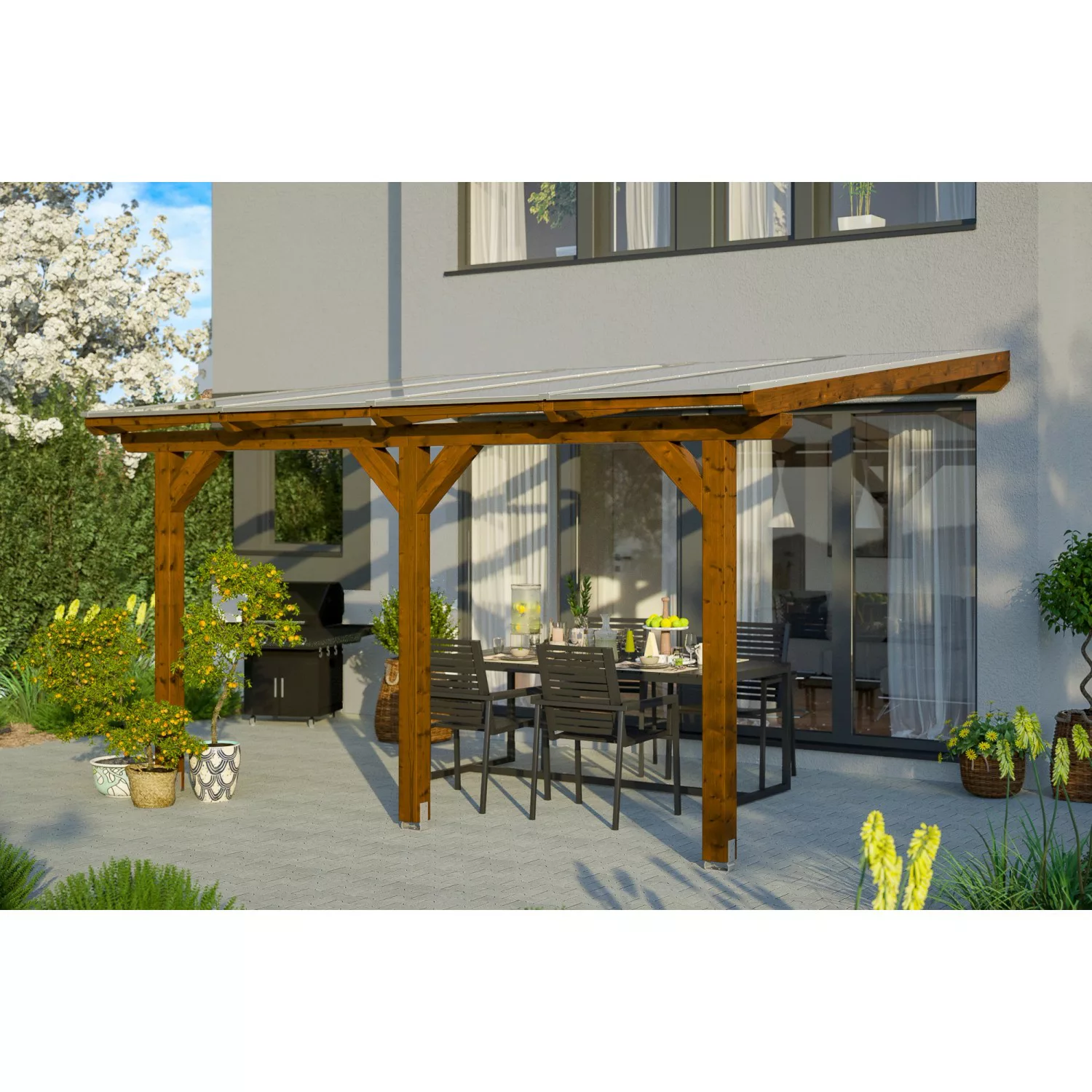 Skan Holz Terrassenüberdachung Bormio 434 cm x 300 cm Leimholz Nussbaum günstig online kaufen