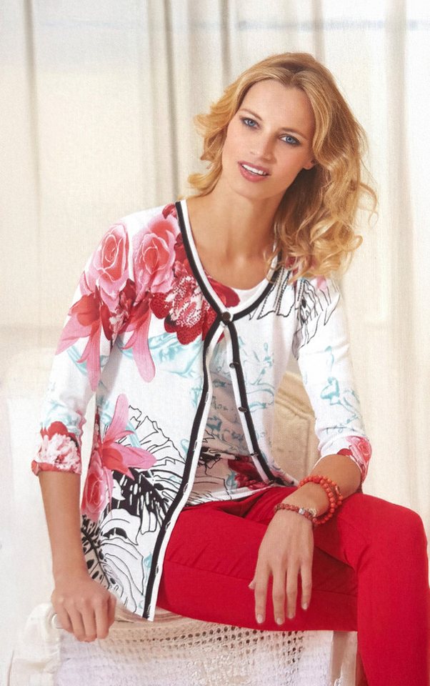 Passioni Cardigan Twinset mit floralem Tropenprint und Kontrastbesatz günstig online kaufen