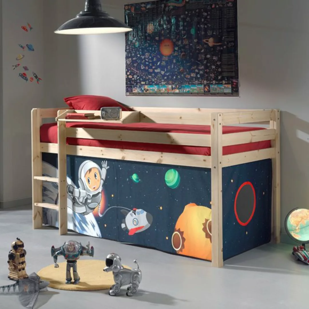 Hochbett Kinderzimmer PINOO-12 mit Textil Set Spaceman und Leiter in Kiefer günstig online kaufen