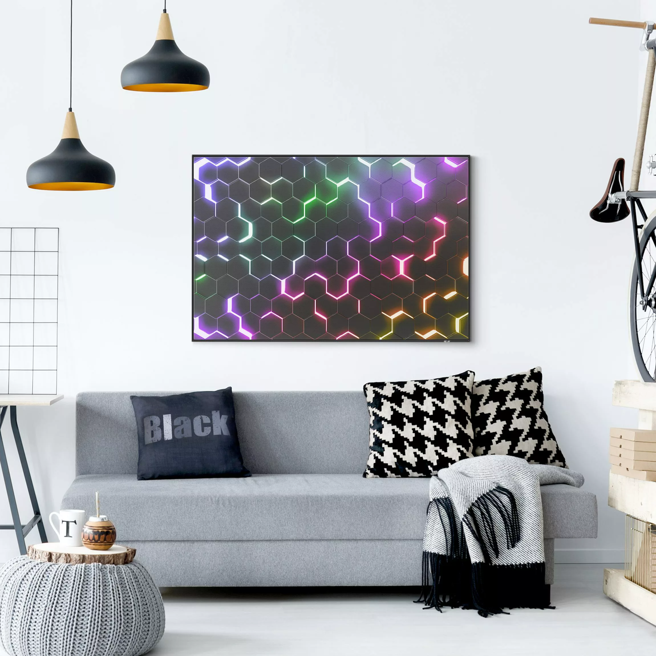 Wechselbild Strukturierte Hexagone mit Neonlicht günstig online kaufen