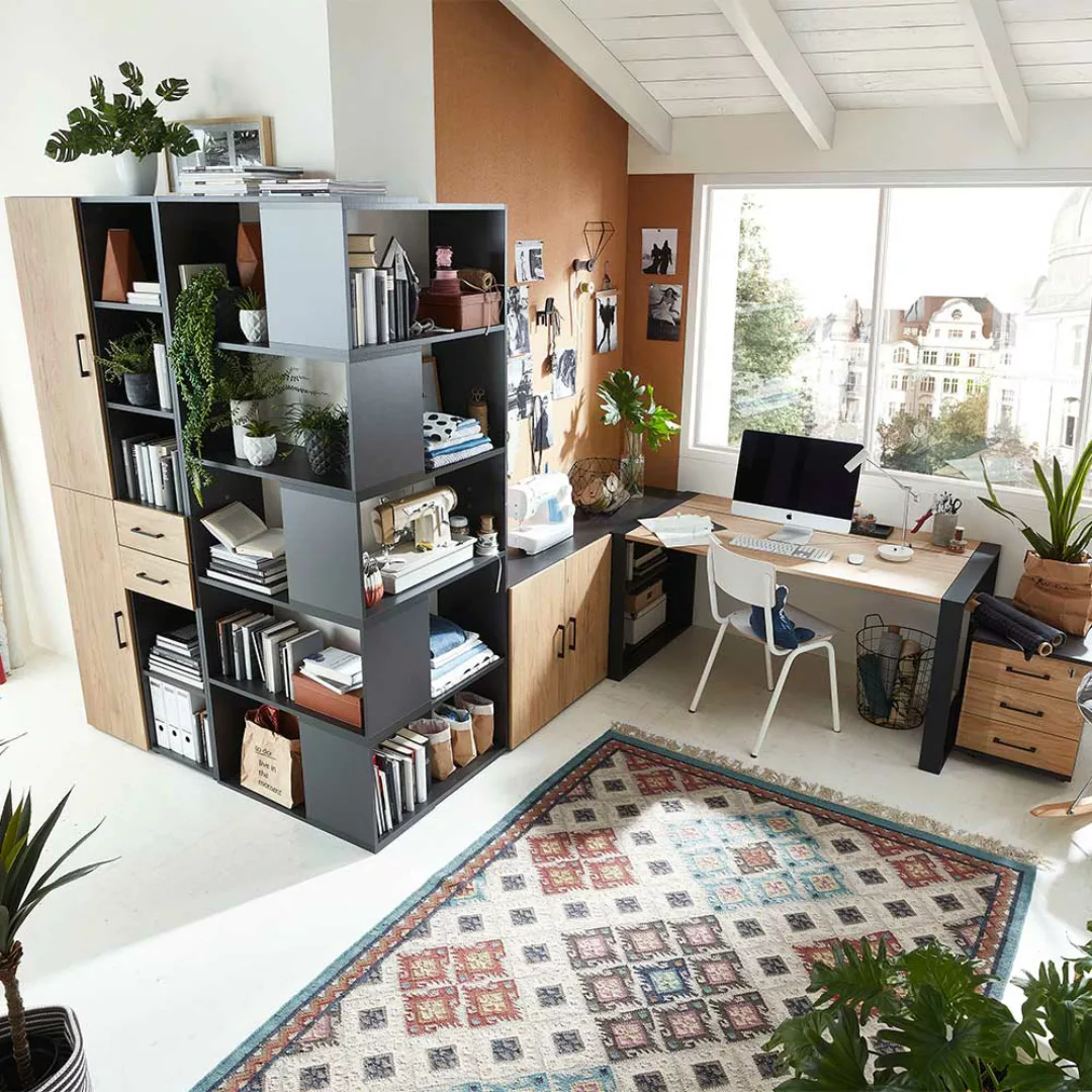 Büromöbel Set in modernem Design Hickory Holzoptik & Anthrazit (siebenteili günstig online kaufen