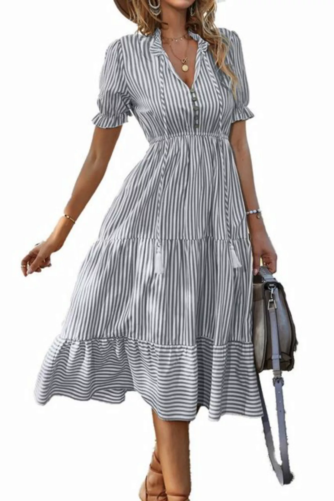 B.X A-Linien-Kleid Damen Midi-Kleider Sommer mit Rüschen und Puffärmeln V-A günstig online kaufen