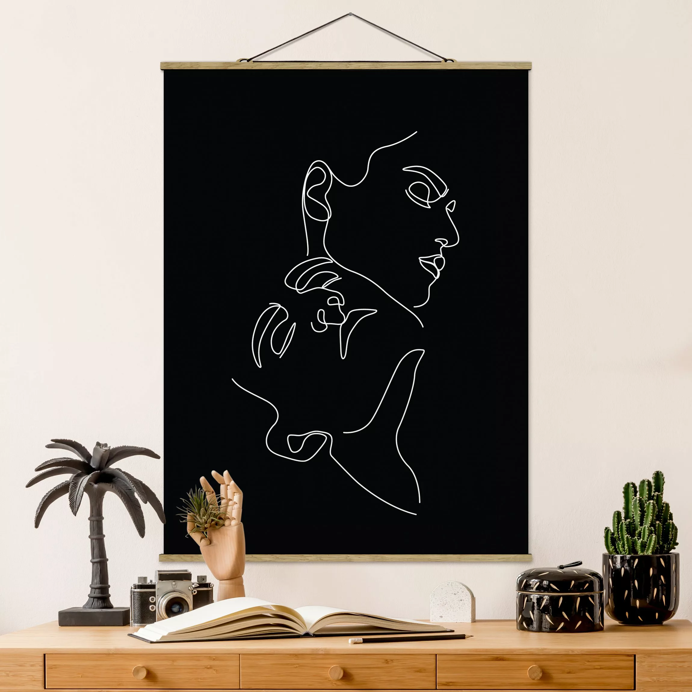 Stoffbild Abstrakt mit Posterleisten - Hochformat Line Art Frauen Gesichter günstig online kaufen