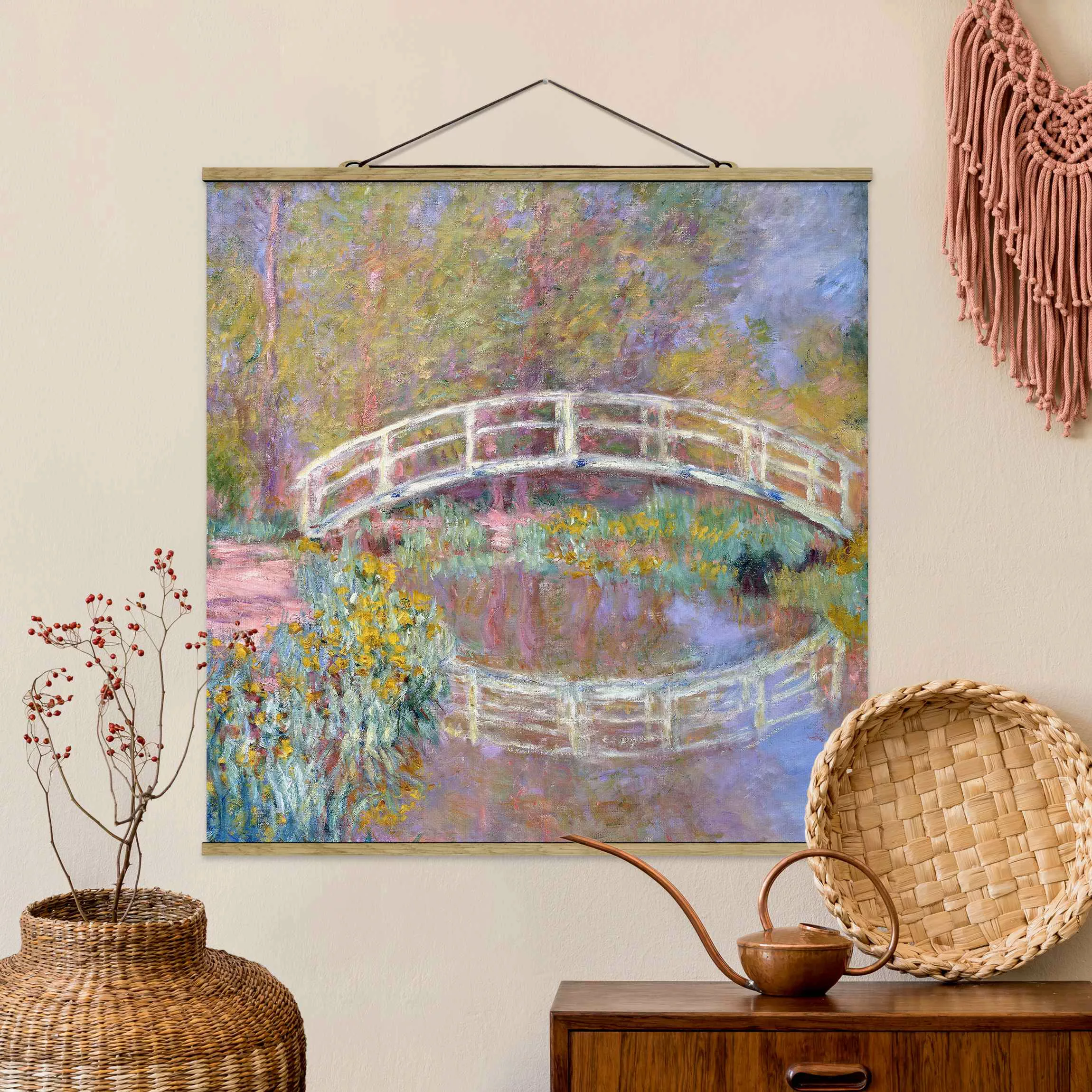 Stoffbild Blumen mit Posterleisten - Quadrat Claude Monet - Brücke Monets G günstig online kaufen